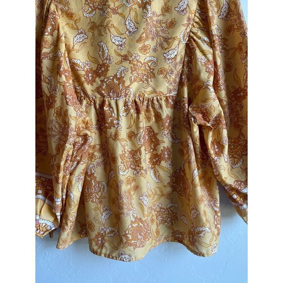 C&C California Mustard Yellow Floral 100% Cotton Peasant Top Tie Neck Size Large - Picture 11 of 12